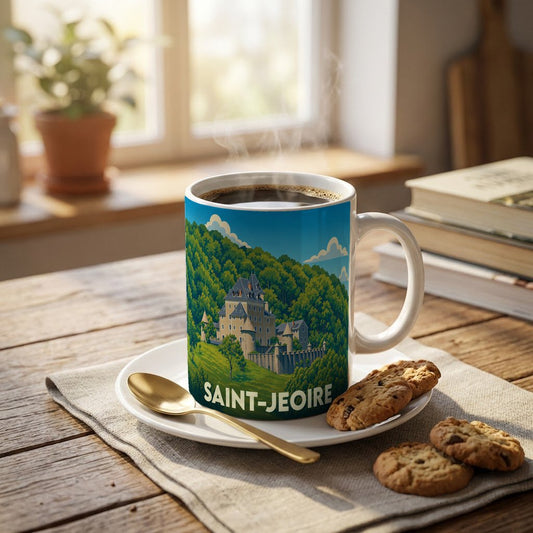 Mug souvenir de la ville de Saint-Jeoire orné d'une illustration stylisée de son château et de ses montagnes.
