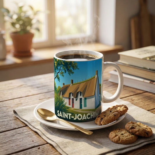 Mug souvenir de la ville de Saint-Joachim avec une illustration stylisée d'une maison traditionnelle.