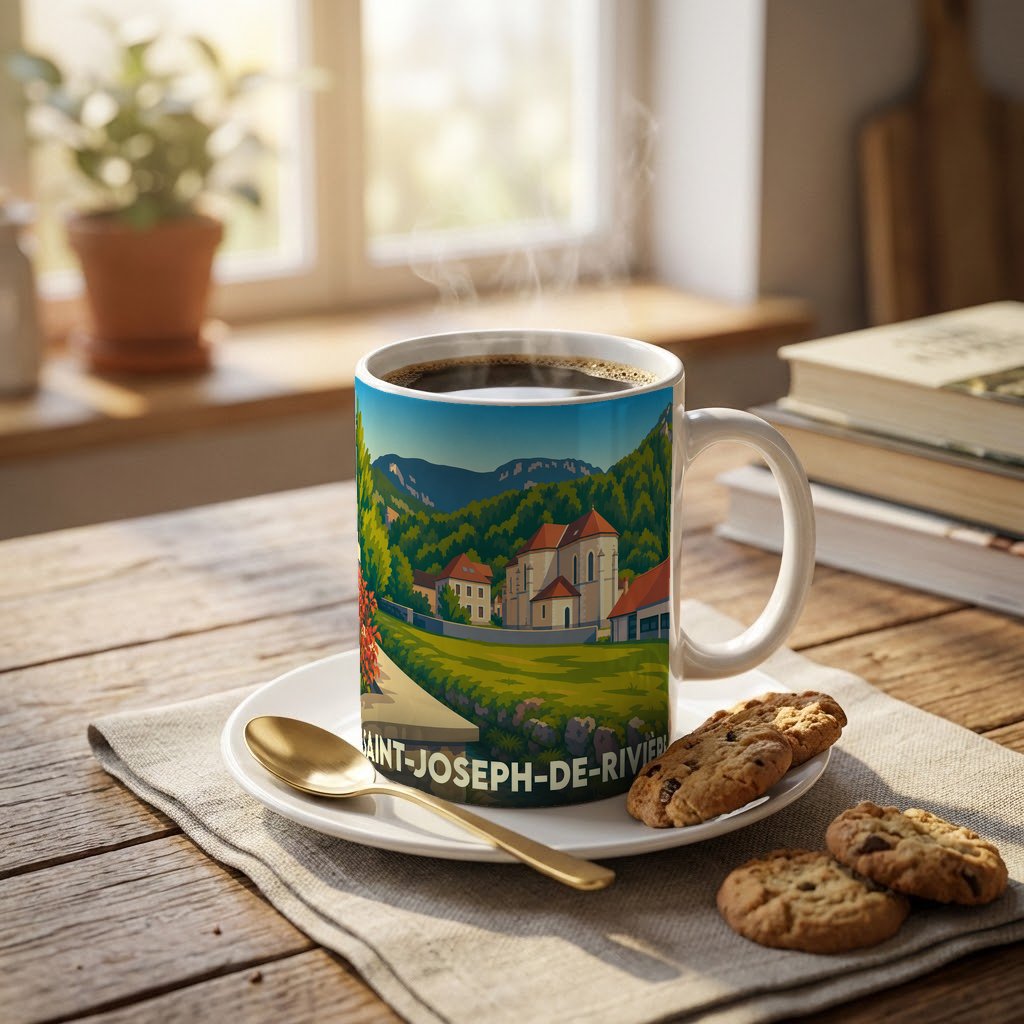 Mug souvenir de la ville de Saint-Joseph-de-Rivière avec une illustration stylisée de son paysage et de ses édifices.