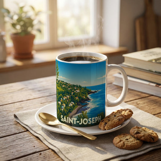 Mug souvenir de la ville de Saint-Joseph illustré d'un paysage côtier stylisé.