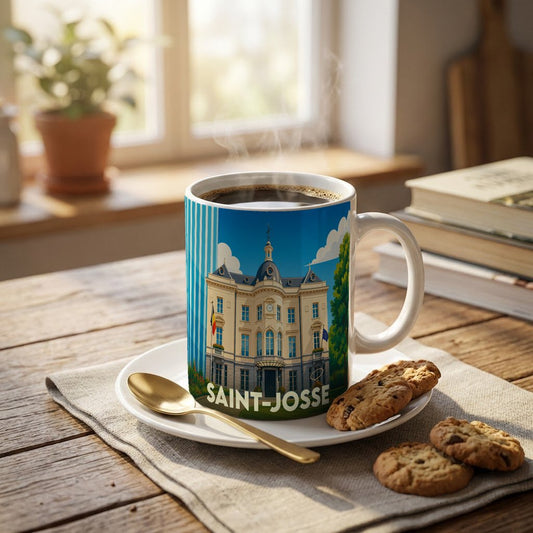 Mug souvenir de la commune de Saint-Josse orné d'une illustration stylisée de sa maison communale.