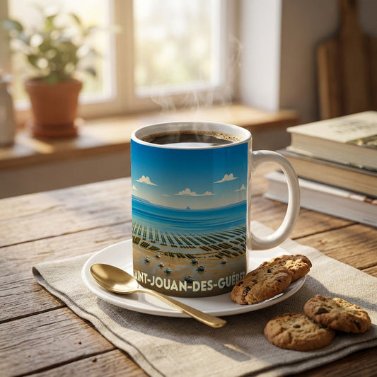 Mug souvenir de la ville de Saint-Jouan-des-Guérets avec une illustration stylisée de parcs à huîtres en bord de mer.