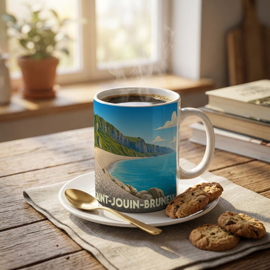 Mug souvenir de la ville de Saint-Jouin-Bruneval illustrant ses falaises et sa plage.