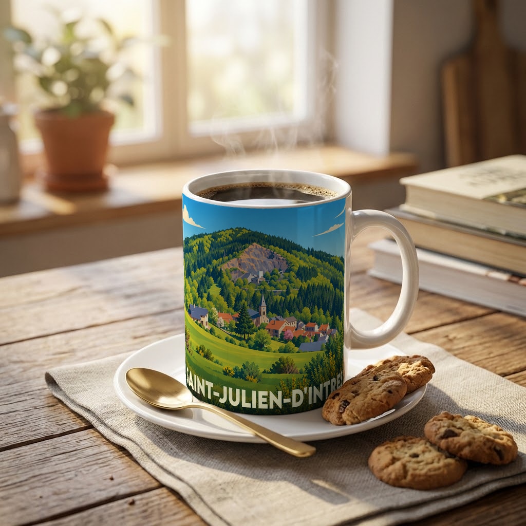 Mug souvenir de la ville de Saint-Julien-d'Intres avec une illustration stylisée de son paysage vallonné.