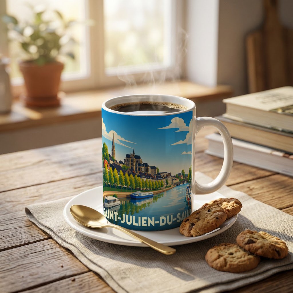 Mug souvenir de la ville de Saint-Julien-du-Sault avec une illustration stylisée d'un paysage fluvial.
