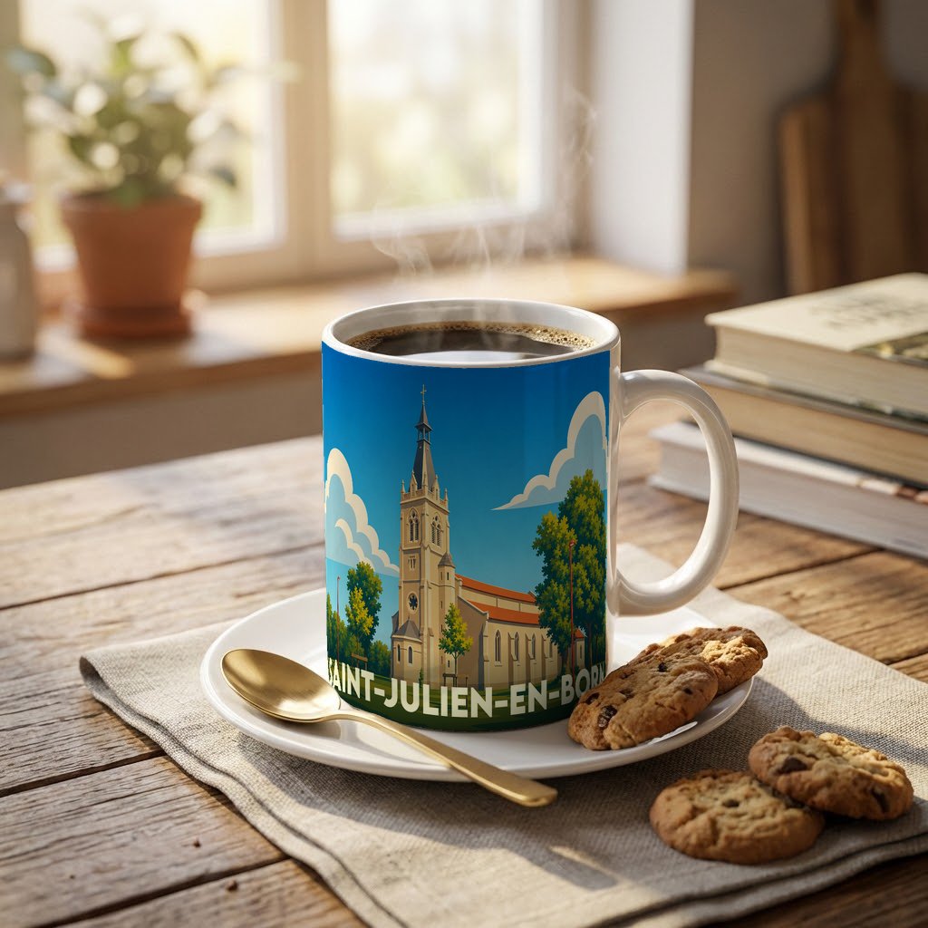 Mug souvenir de la ville de Saint-Julien-en-Born avec une illustration stylisée de son église.