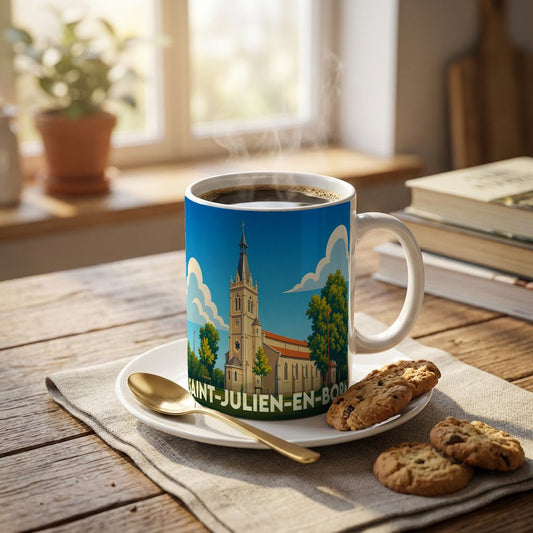 Mug souvenir de la ville de Saint-Julien-en-Born avec une illustration stylisée de son église.