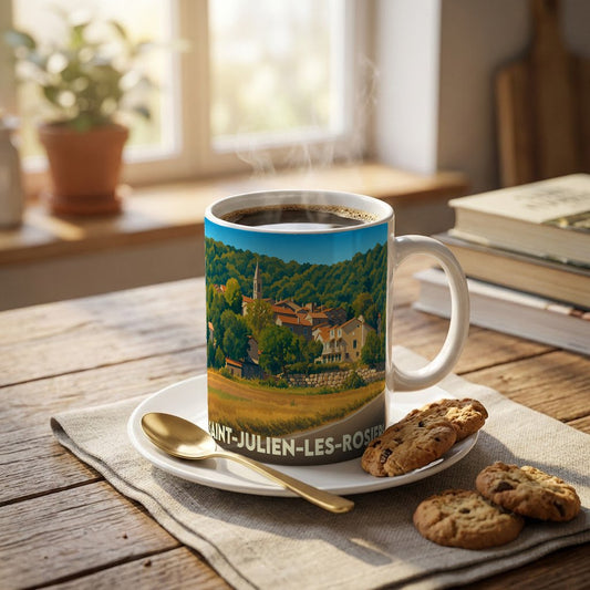 Mug souvenir de la ville de Saint-Julien-les-Rosiers avec une illustration stylisée d'un village provençal.