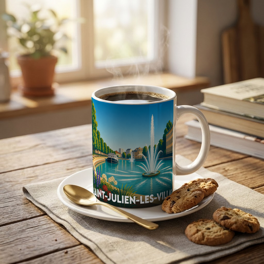 Mug souvenir de la ville de Saint-Julien-les-Villas orné d'une illustration stylisée de son plan d'eau et de ses jets d'eau.