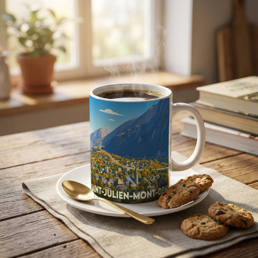 Mug souvenir de la ville de Saint-Julien-Mont-Denis avec une illustration stylisée d'un paysage montagneux.
