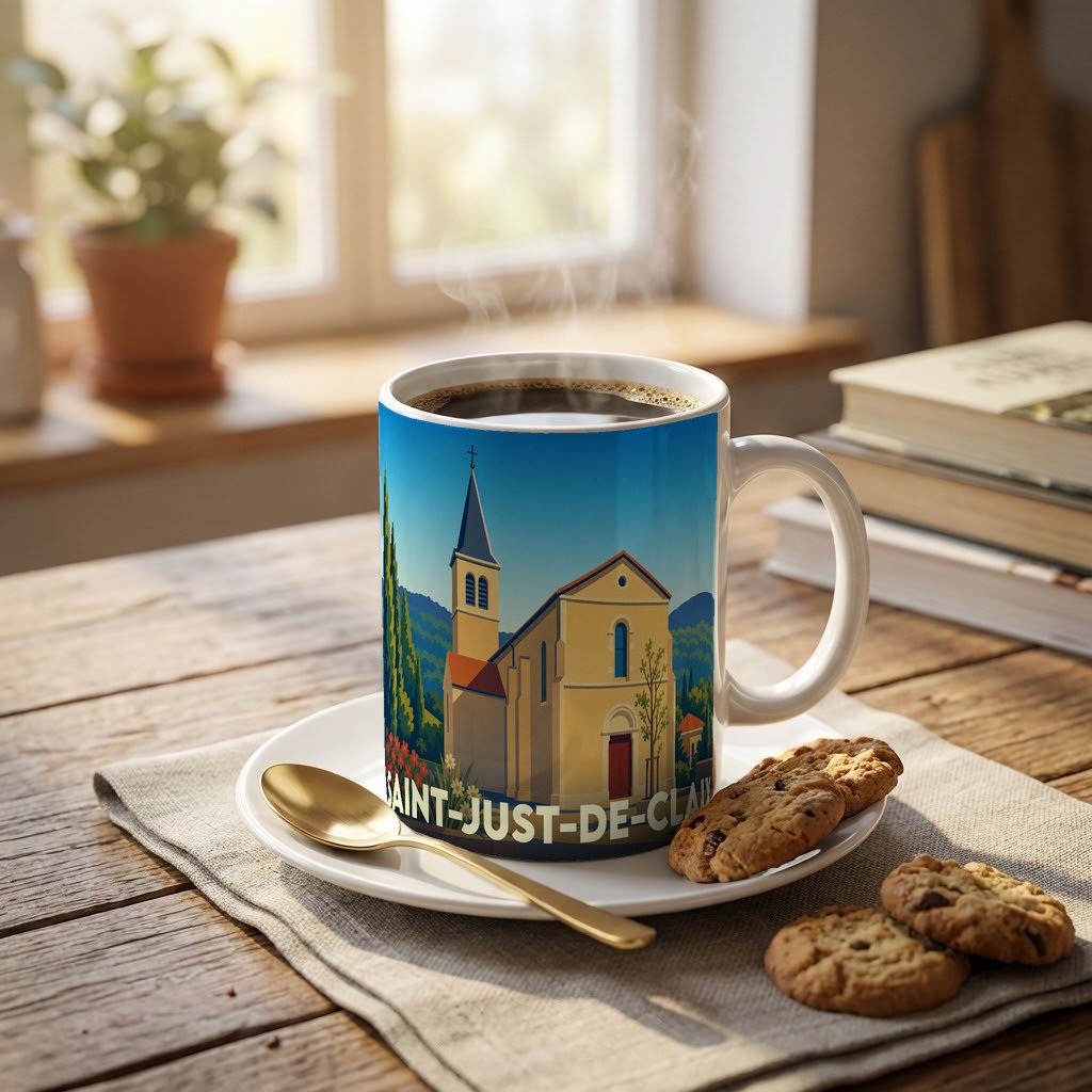 Mug souvenir de la ville de Saint-Just-de-Claix orné d'une illustration stylisée de son église.