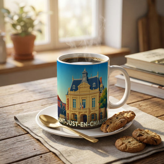 Mug souvenir de la ville de Saint-Just-en-Chaussée avec une illustration stylisée de son hôtel de ville.
