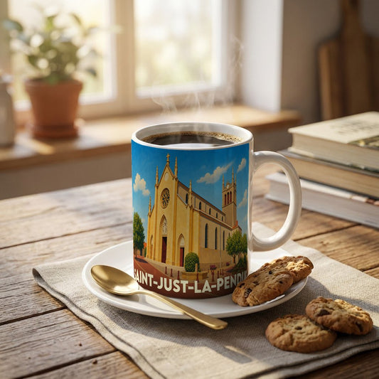 Mug souvenir de la ville de Saint-Just-la-Pendue avec une illustration stylisée de son église.