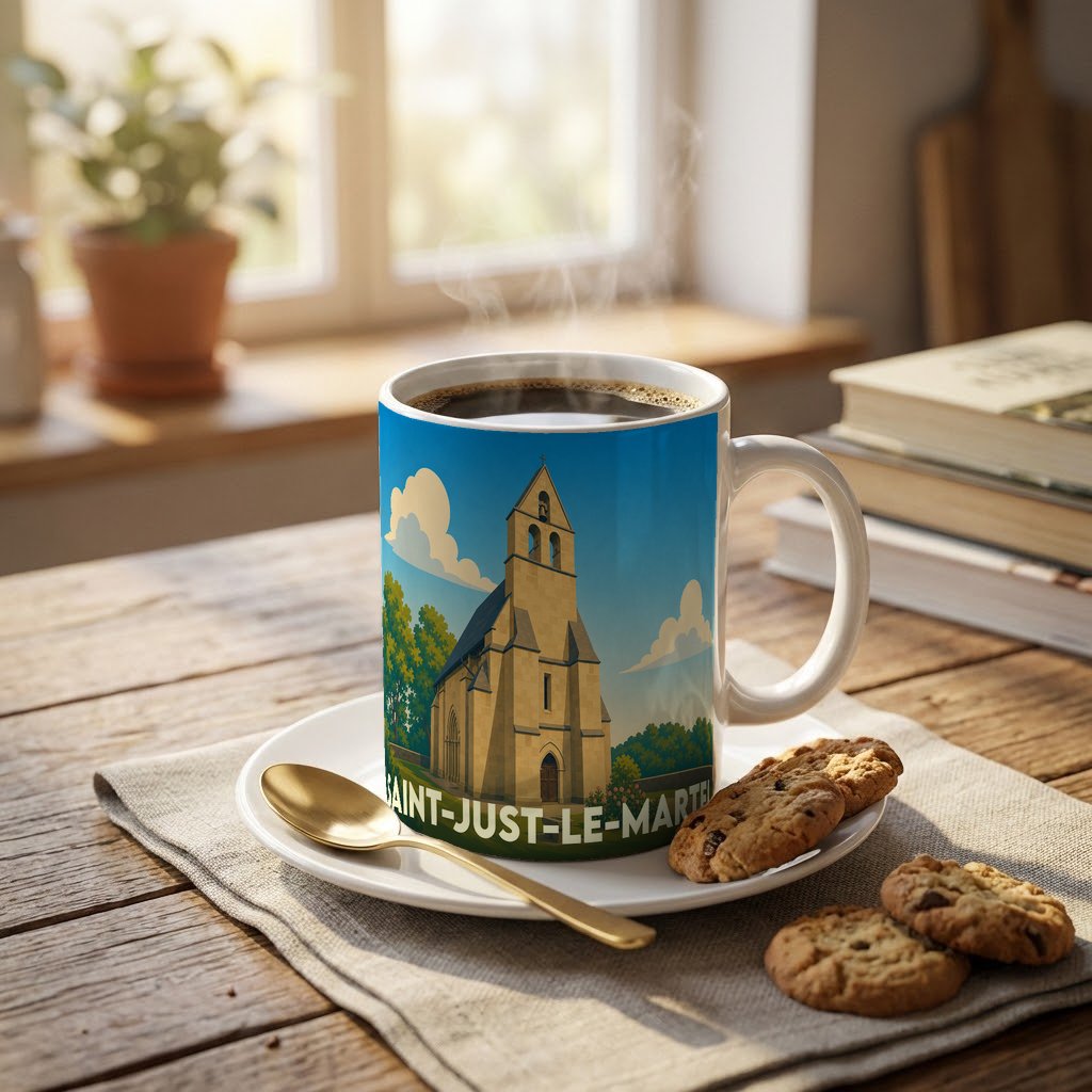 Mug souvenir de la ville de Saint-Just-le-Martel illustré d'une église de style roman.