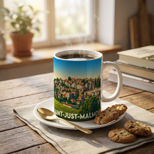 Mug souvenir de la ville de Saint-Just-Malmont avec une illustration stylisée d'un paysage urbain.