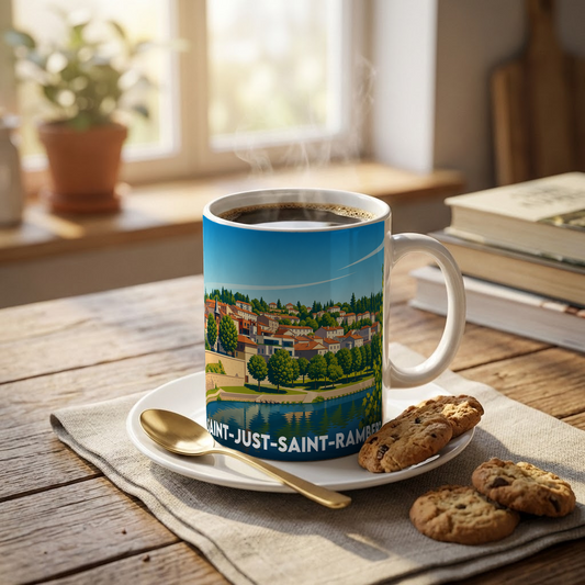 Mug souvenir de la ville de Saint-Just-Saint-Rambert avec une illustration stylisée des bords de Loire.