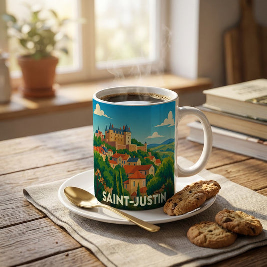 Mug souvenir de la ville de Saint-Justin orné d'une illustration stylisée de son paysage urbain et de son château.