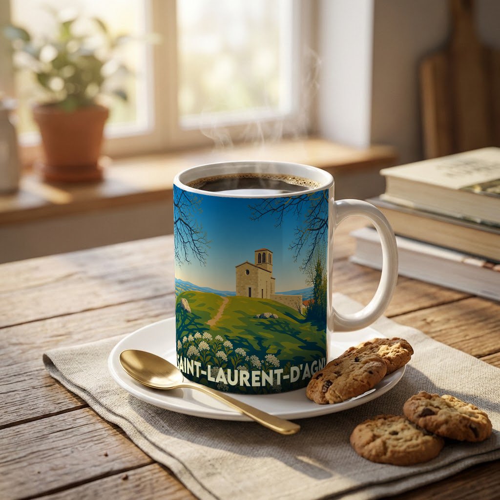 Mug souvenir de la ville de Saint-Laurent-d'Agny orné d'une illustration stylisée de son église sur une colline.