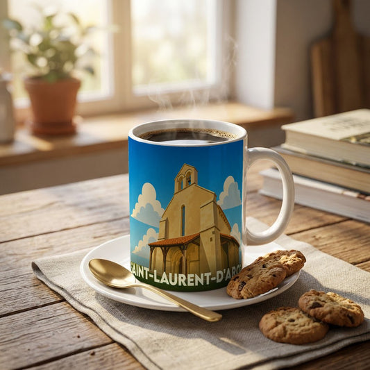 Mug souvenir de la ville de Saint-Laurent-d'Arce avec une illustration stylisée d'une église sous un ciel bleu.