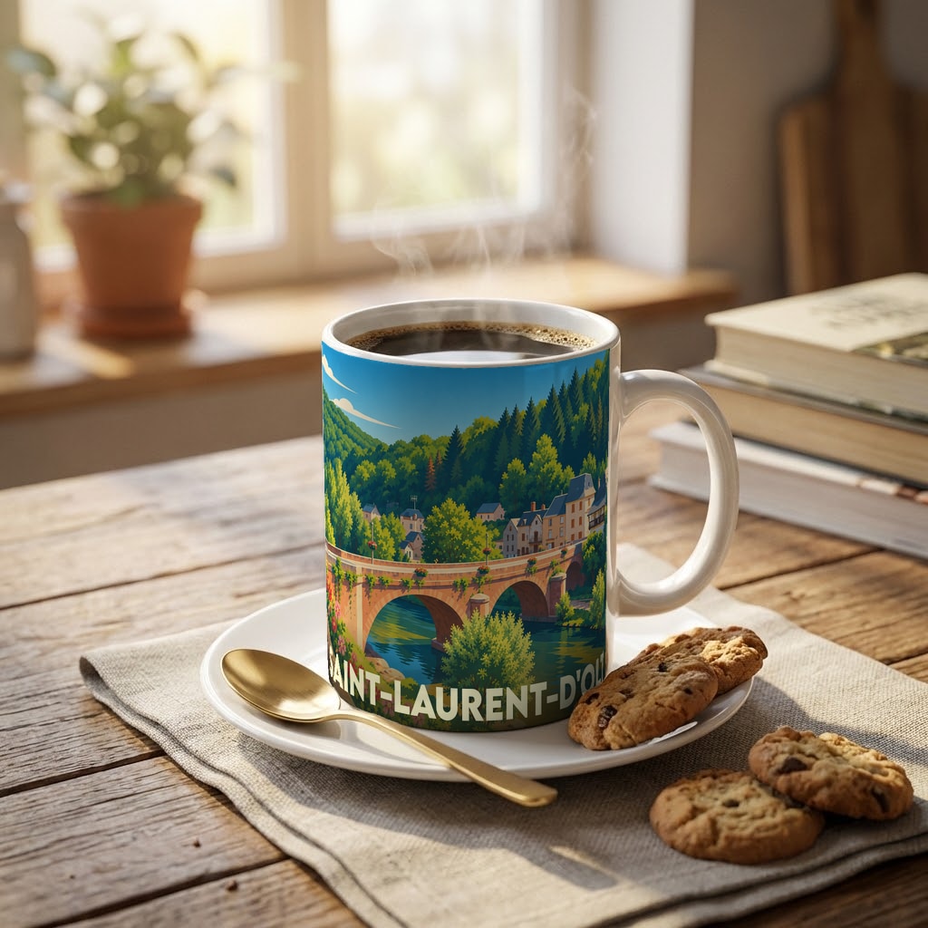 Mug souvenir de la ville de Saint-Laurent-d'Olt orné d'une illustration stylisée de son pont et de son paysage verdoyant.
