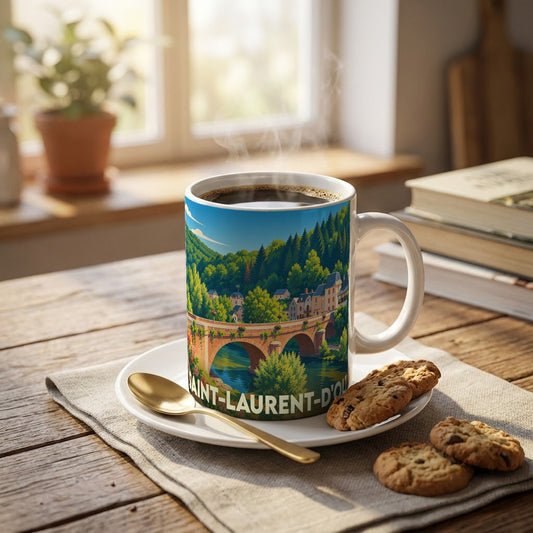 Mug souvenir de la ville de Saint-Laurent-d'Olt orné d'une illustration stylisée de son pont et de son paysage verdoyant.