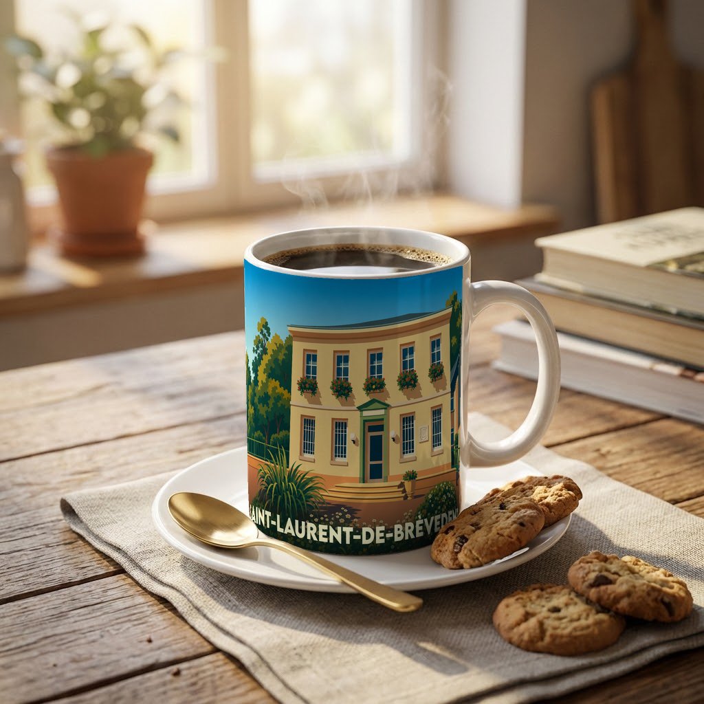 Mug souvenir de la ville de Saint-Laurent-de-Brèvedent orné d'une illustration stylisée de sa mairie.
