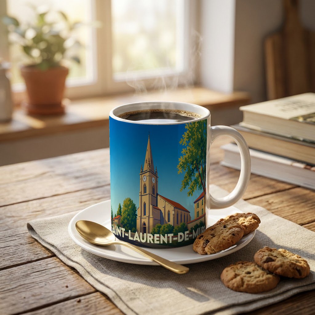 Mug souvenir de la ville de Saint-Laurent-de-Mure orné d'une illustration stylisée de son église.