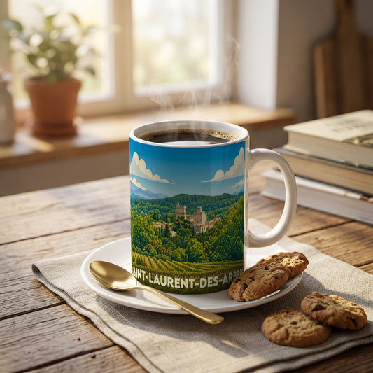 Mug souvenir de la ville de Saint-Laurent-des-Arbres avec une illustration stylisée d'un paysage provençal.
