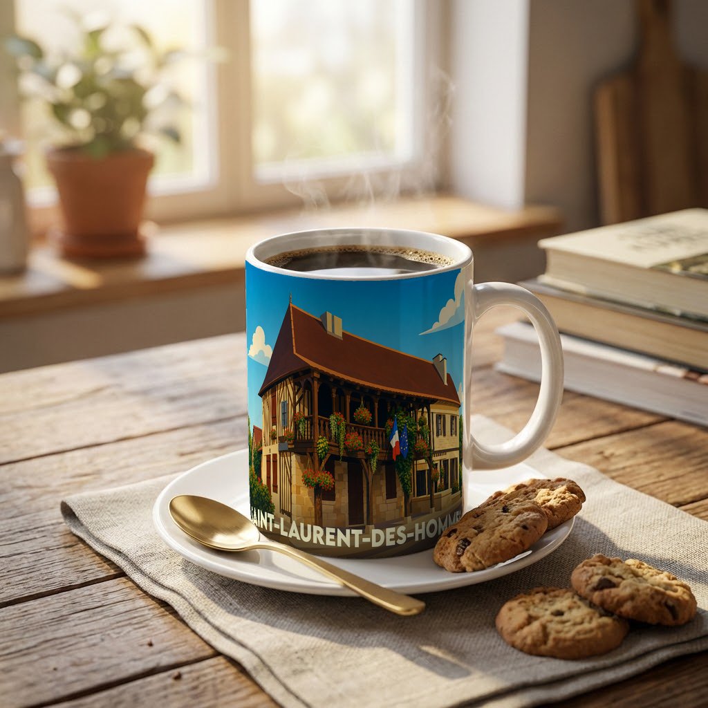 Mug souvenir de la ville de Saint-Laurent-des-Hommes avec une illustration stylisée d'une maison traditionnelle à colombages.