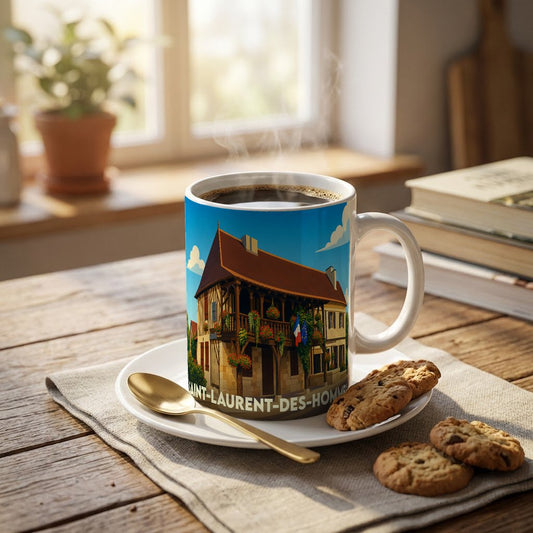 Mug souvenir de la ville de Saint-Laurent-des-Hommes avec une illustration stylisée d'une maison traditionnelle à colombages.