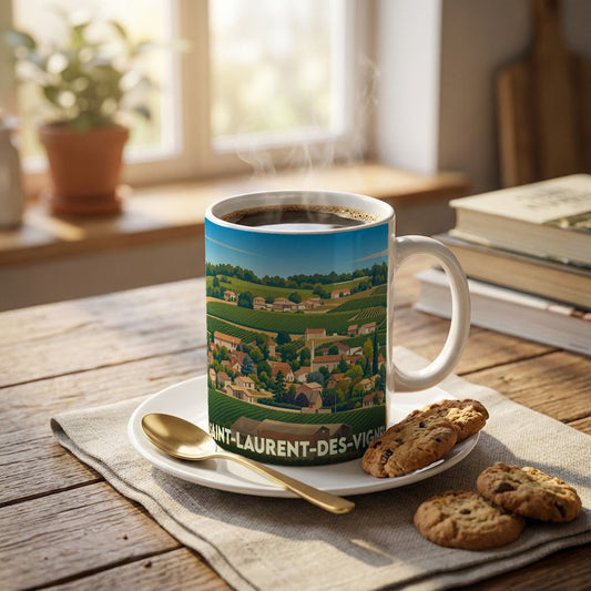 Mug souvenir de la ville de Saint-Laurent-des-Vignes avec une illustration stylisée de son paysage rural.