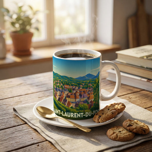 Mug souvenir de la ville de Saint-Laurent-du-Pont avec une illustration panoramique stylisée.
