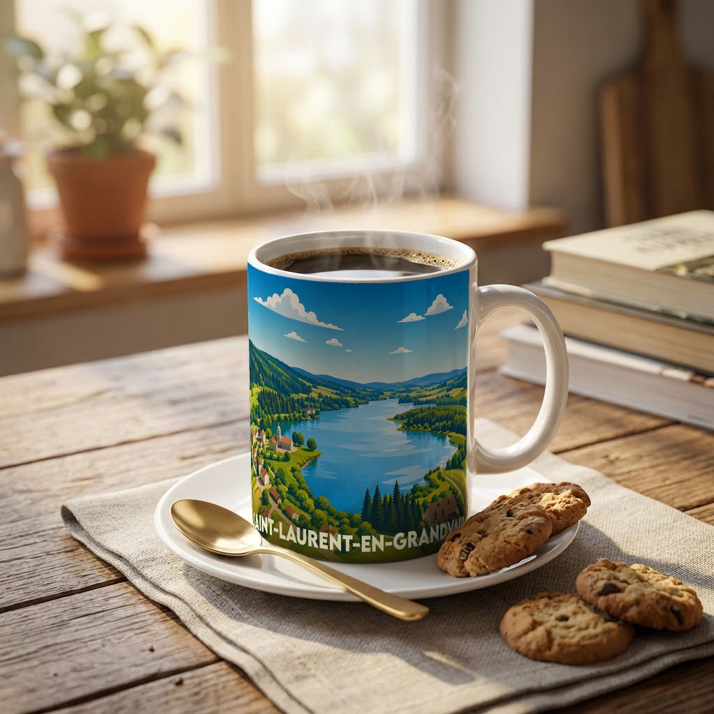 Mug souvenir de la ville de Saint-Laurent-en-Grandvaux avec une illustration stylisée de son paysage lacustre.