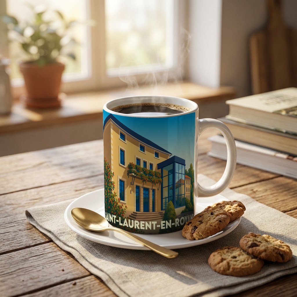 Mug souvenir de la ville de Saint-Laurent-en-Royans illustré d'un bâtiment stylisé.