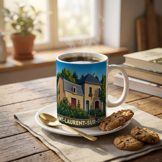 Mug souvenir de la ville de Saint-Laurent-sur-Gorre avec une illustration stylisée d'une maison de caractère.