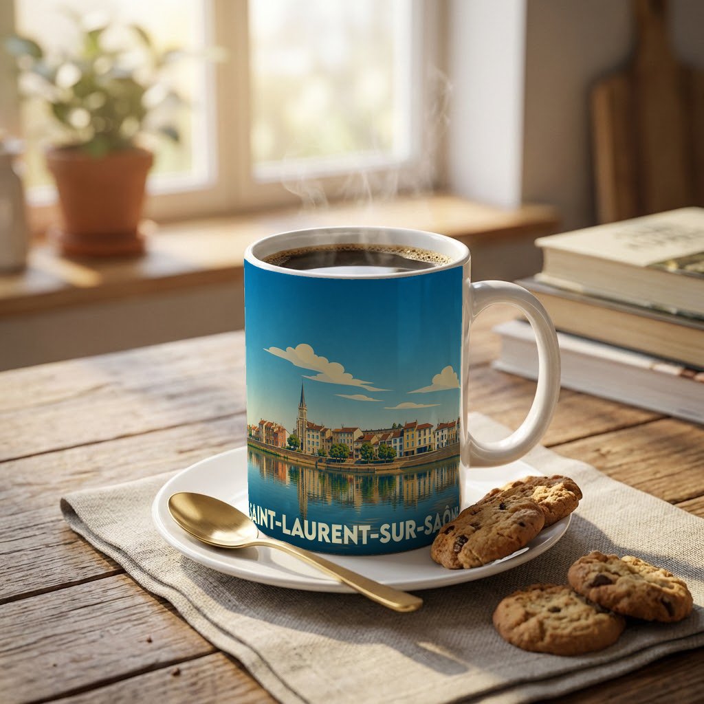 Mug souvenir de la ville de Saint-Laurent-sur-Saône illustré d'un paysage urbain au bord de l'eau.