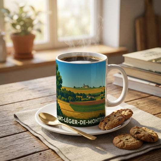 Mug souvenir de la ville de Saint-Léger-de-Montbrun orné d'une illustration paysagère stylisée.