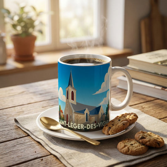 Mug souvenir de la ville de Saint-Léger-des-Vignes avec une illustration stylisée de son église.