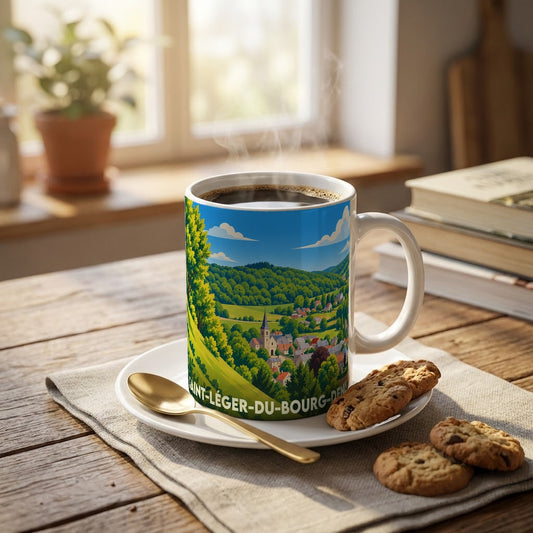 Mug souvenir de la ville de Saint-Léger-du-Bourg-Denis avec une illustration paysagère stylisée.