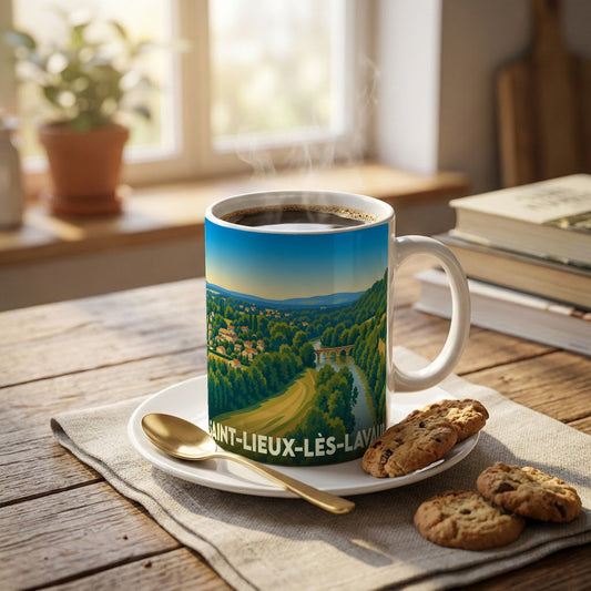 Mug souvenir de la ville de Saint-Lieux-lès-Lavaur avec une illustration stylisée d'un paysage de campagne au bord de l'eau.