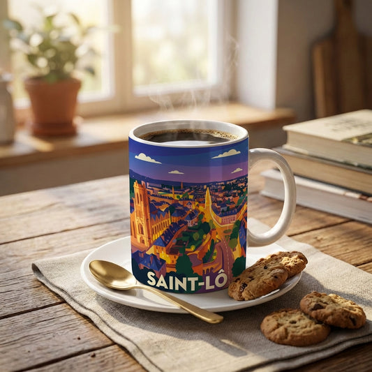 Mug souvenir de la ville de Saint-Lô avec une illustration stylisée et colorée.