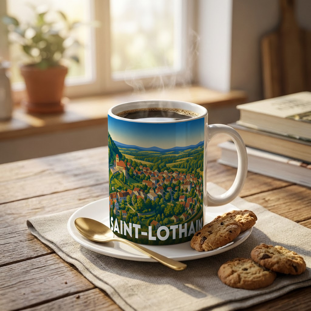 Mug souvenir de la ville de Saint-Lothain avec une illustration stylisée de son paysage vallonné.
