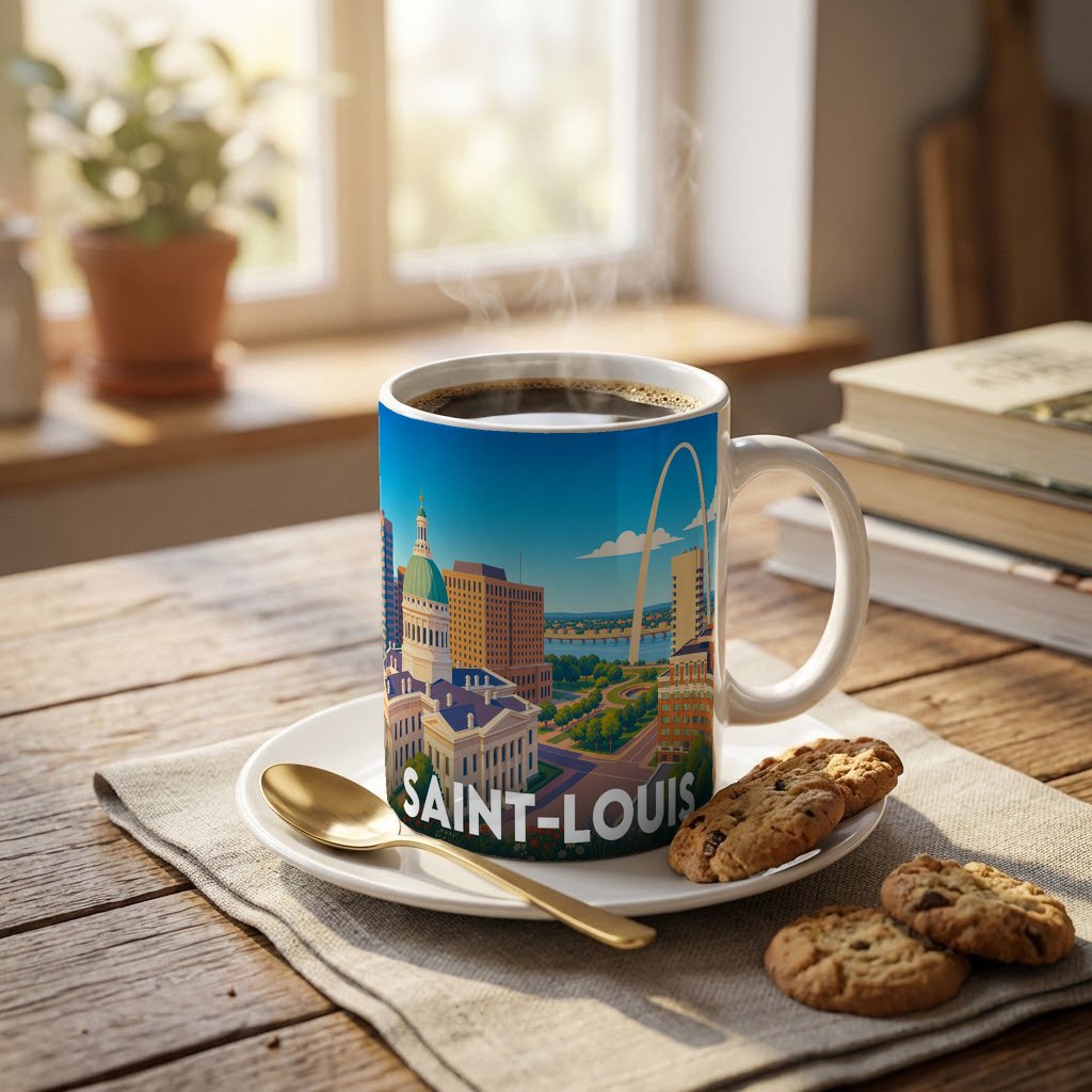 Mug souvenir de la ville de Saint-Louis orné d'une illustration stylisée de ses monuments emblématiques.