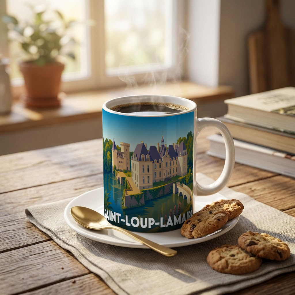 Mug souvenir de la ville de Saint-Loup-Lamairé avec une illustration stylisée de son château.