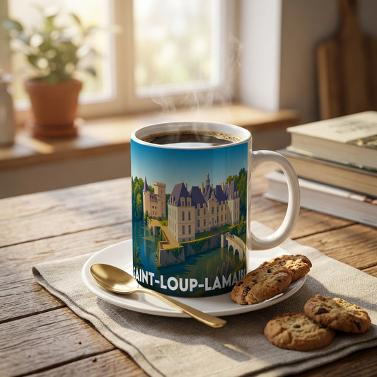 Mug souvenir de la ville de Saint-Loup-Lamairé avec une illustration stylisée de son château.