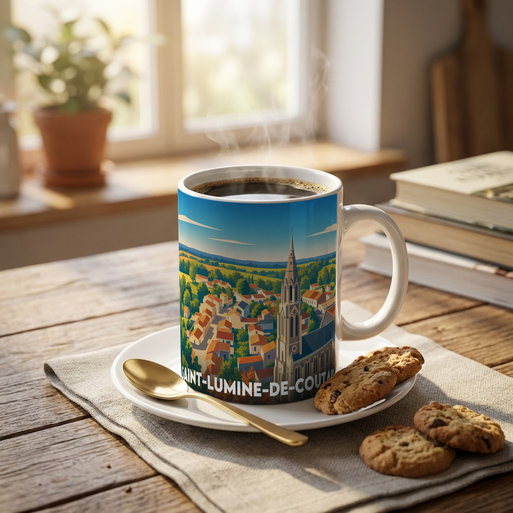 Mug souvenir de la ville de Saint-Lumine-de-Coutais avec une illustration stylisée.