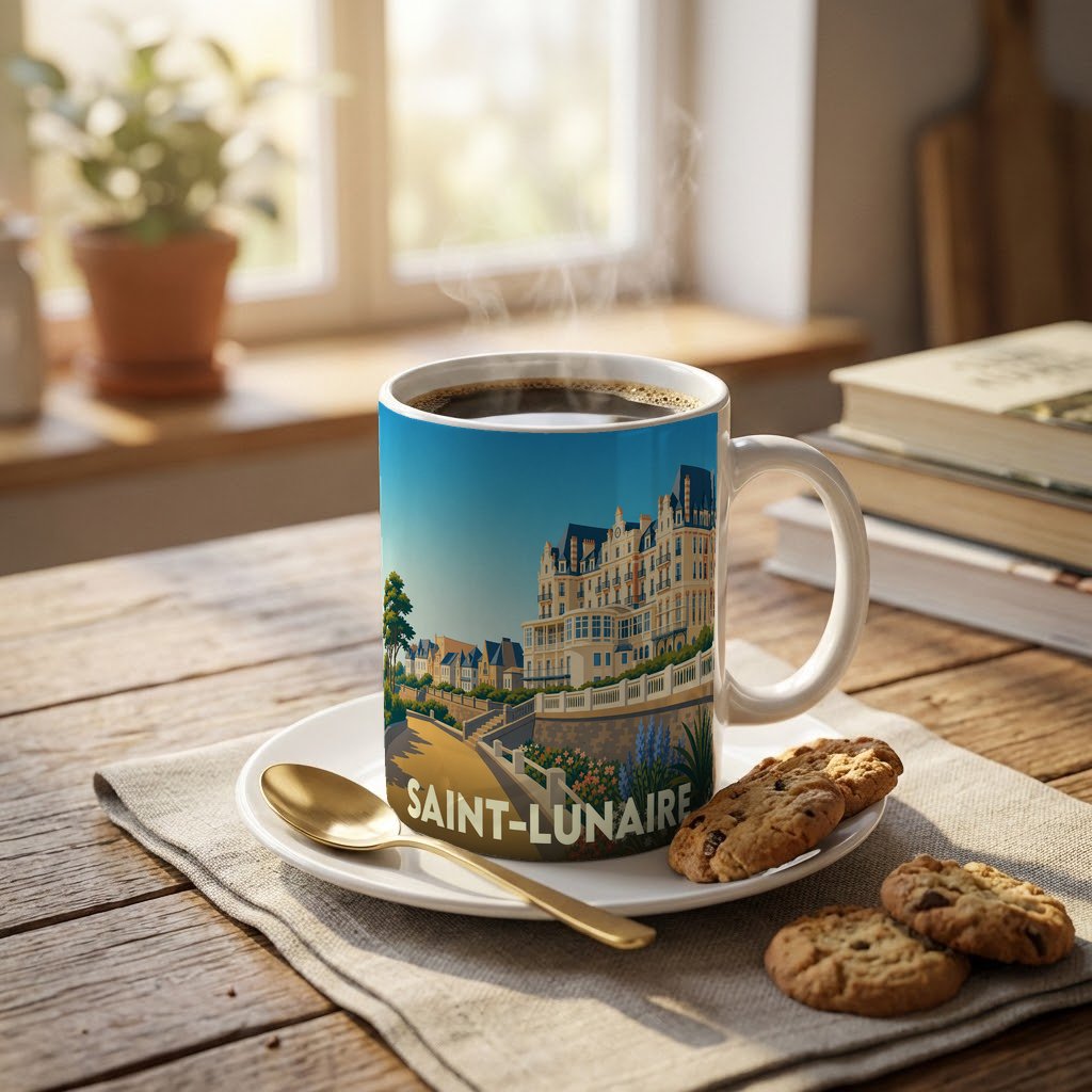 Mug souvenir de la ville de Saint-Lunaire avec une illustration stylisée d'un bord de mer architectural.