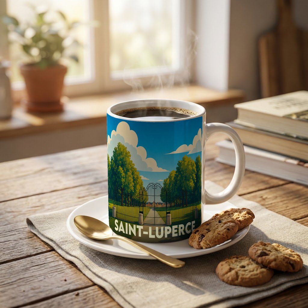 Mug souvenir de la ville de Saint-Luperce orné d'une illustration stylisée de parc et de grilles anciennes.