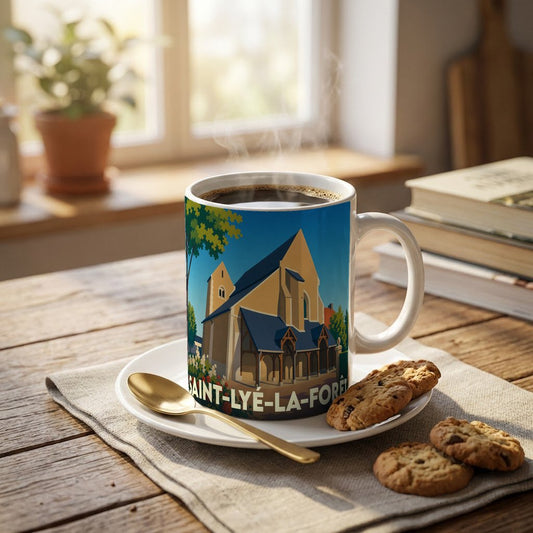 Mug souvenir de la ville de Saint-Lyé-la-Forêt avec une illustration stylisée de son église.