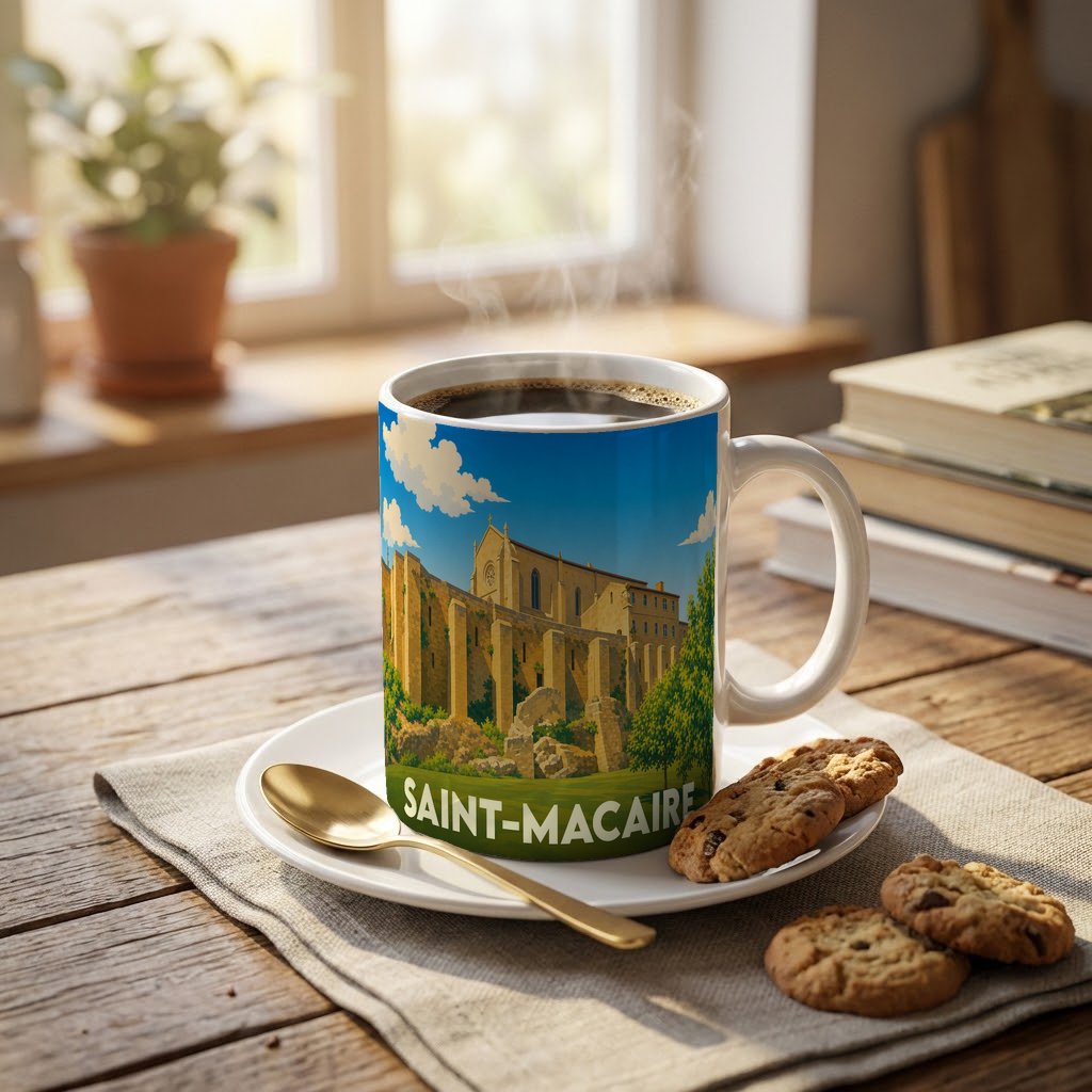 Mug souvenir de la ville de Saint-Macaire orné d'une illustration stylisée de ses remparts médiévaux.